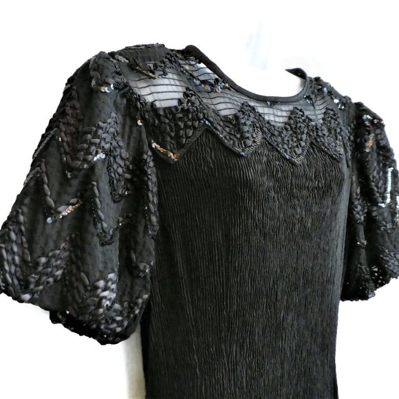 Vintage Black Evening Dress Ric Rac Sequin Puff Sleeves Crinkle Sheath Union Tag - Picture 1 of 13